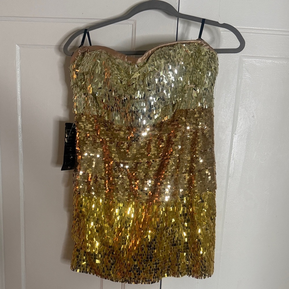 Bebe Gold Sequin Strapless Mini Dress Medium